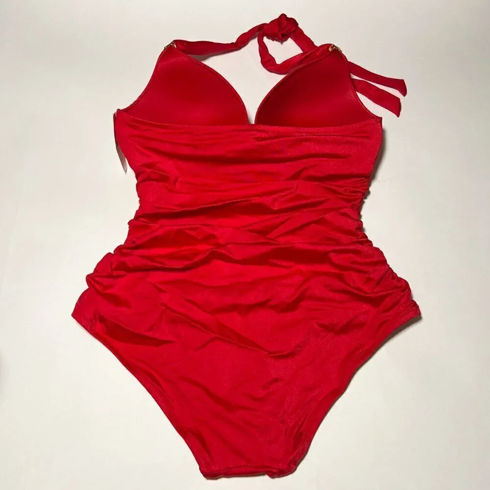 Victoria Secret XL One Piece Swimsuit Bikini Push Up Ruched Lipstick Red